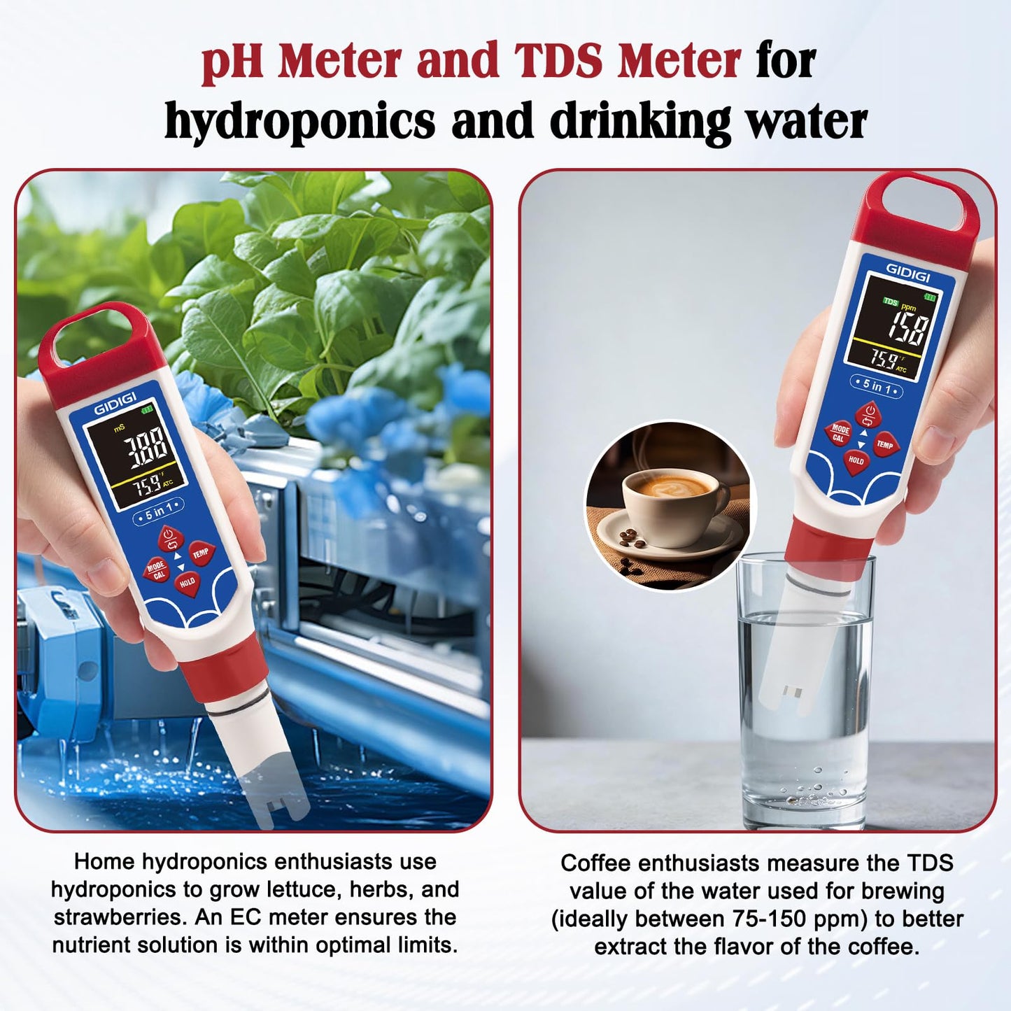 GIDIGI 5 in 1 Digital pH Meter TDS EC Temp. Salinity Tester, Update Color Screen Pool Salinity Meter with Calibration Kit, Hydroponic pH Reader with Reset Function for Aquarium Reef Tank Cooking water