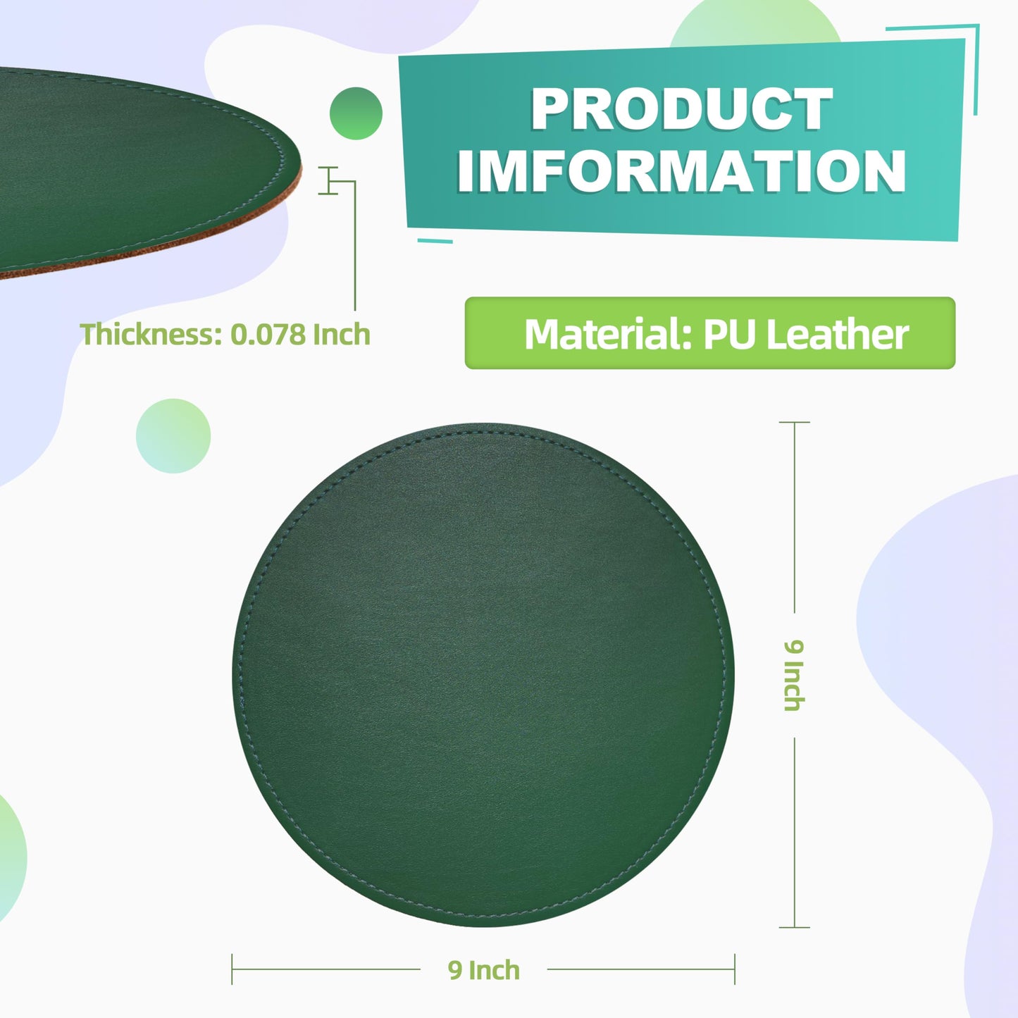 Mouse Pad,Round Mouse Pad,PU Mouse Pad,Leather Mouse Pad with Stitched Edge Micro-Fiber Base with Non-Slip Waterproof,Mouse Pad for Computers,Laptop,9 x 9 Inch (Army Green)