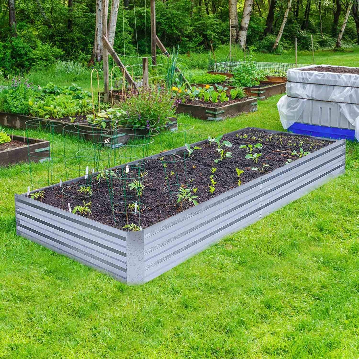 FOYUEE Galvanized Raised Garden Bed (8x4x1ft) – Overlapping 4-Inch Panels + 4 Support Bars, Heavy-Duty Metal Planter Box for Vegetables, Herbs, Flowers, No-Deformation Steel Garden Kit