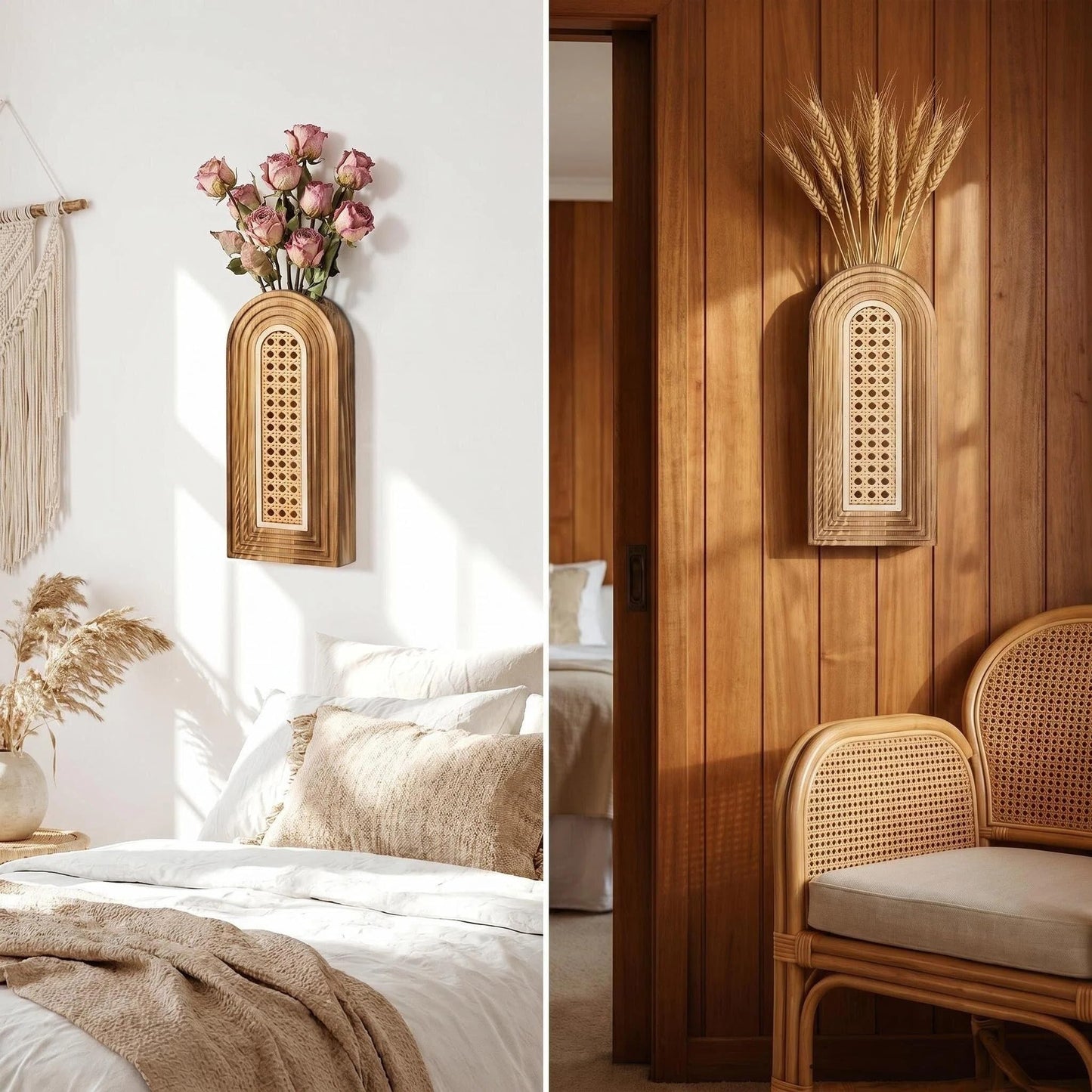 Dnnnii 2 Pack Wooden Wall Vase Set - Brown Finish Hollow Rattan Modern Farmhouse & Boho Wall Decor for Entryway, Hallway, Bathroom, Living Room, Dining Room, Narrow Spaces