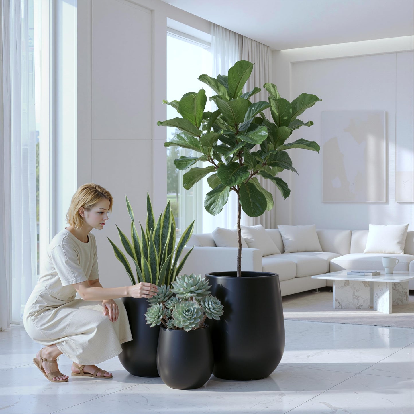 DTY Premium Mt Wilson Tall Tapered Fiberstone Planter for Indoor Outdoor Use, Modern Large Olive Tree Pot with Drainage Hole, Includes 2 Coco Mats. Black, Medium 15'' D x 16.7โ H. 11.2โ Pot Opening