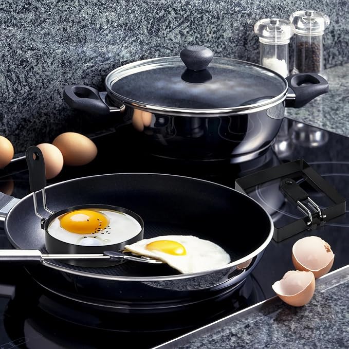 2-Pack Round+Square Egg Rings Set with Silicone Handle, Stainless Steel Egg Cooking Rings,Nonstick,For Frying Eggs and English Muffins Pancake, Egg Mold Shaper For Breakfast