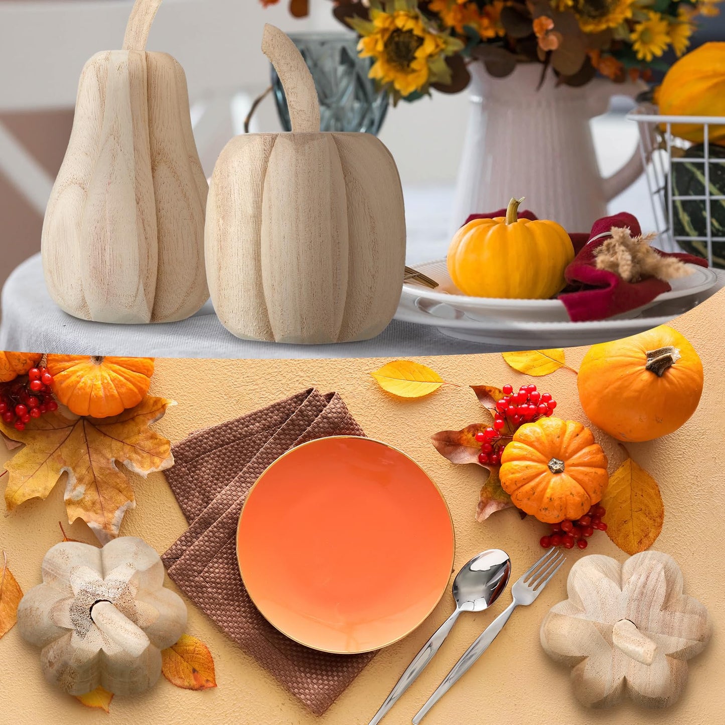 Barydat 2 Pcs Thanksgiving Paulownia Wood Carved Pumpkins 6.5 x 3.2 x 3.2 Inch 4.5 x 3.2 x 3.2 Inch Harvest Pumpkin Figurine Farmhouse Thanksgiving Hand Carved Pumpkin Wood Sign for Table Home Decor