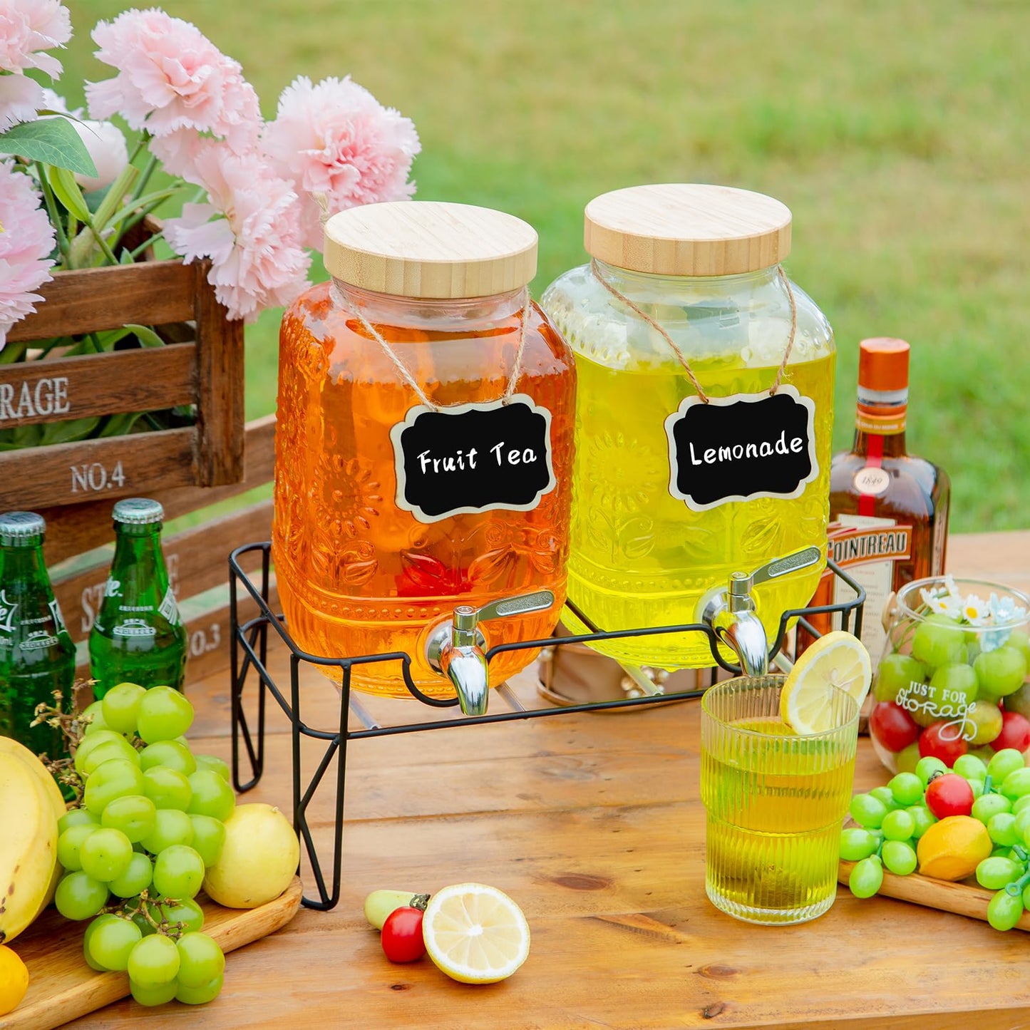 2-Pack1Gallon Glass Drink Dispensers for Parties,Beverage Dispenser with Stainless Steel Leakproof Spigot/Stand/Bamboo Lids/Fruit Infuser/Chalkboard Labels.for Lemonade & Iced Tea,Party Drinks