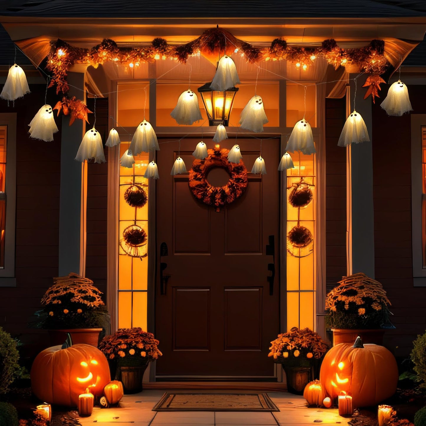 Retisee Halloween Ghost Decor 6.5ft Light up Ghost Garland 12pcs LED Spooky Ghosts String Lights Banner for Home Indoor Outdoor Fireplace Mantle Window Halloween Party Decorations