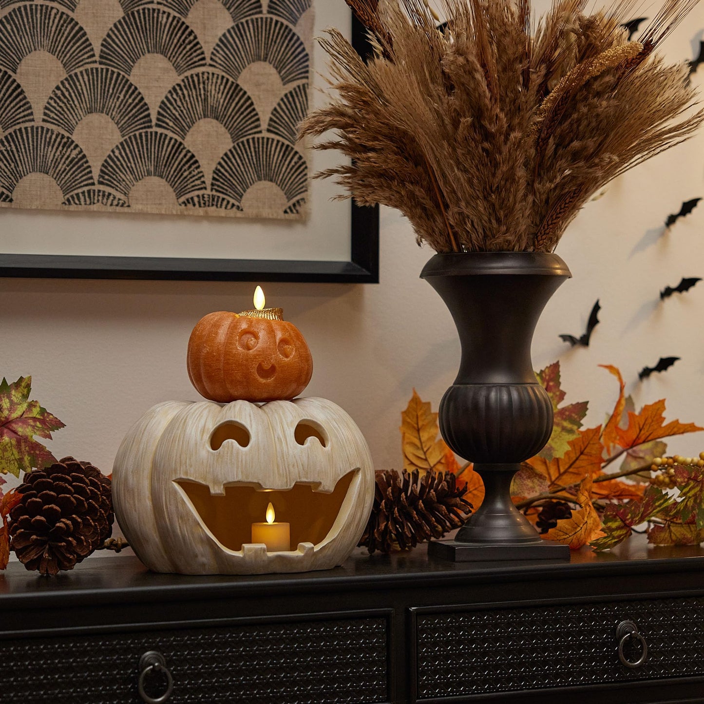 Luminara Jack-o'-Lantern Pumpkin Tealight Holder - Perfectly Pale 10"x6.75" - Halloween Dry Brush Resin Fall Home Autumn Harvest Festival Party Decor