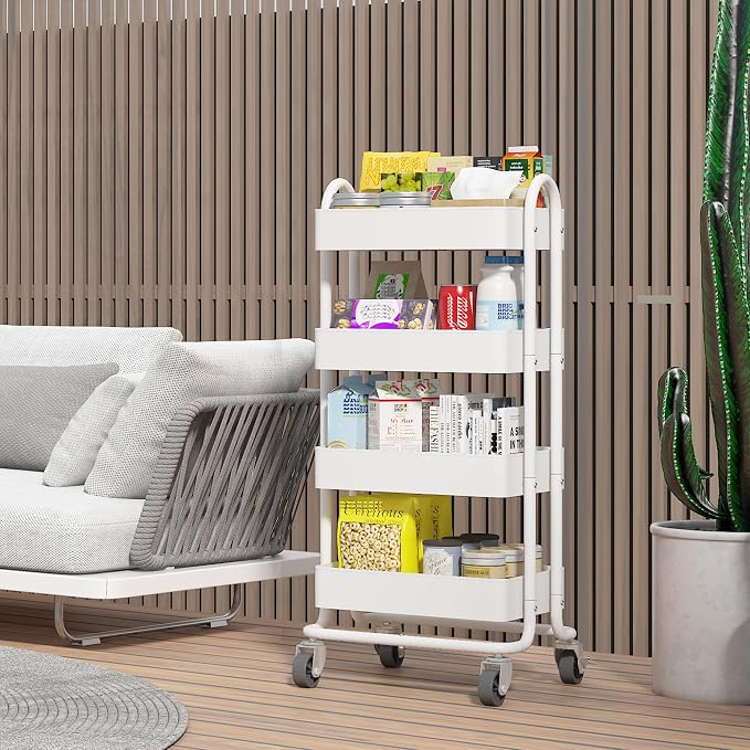 4 Tier Metal Rolling Cart with Wheels,4 Tier Utility Cart with Wheels for Office,Home,Kitchen,Garden๏ผ13.4"x18.1"x40"๏ผ White