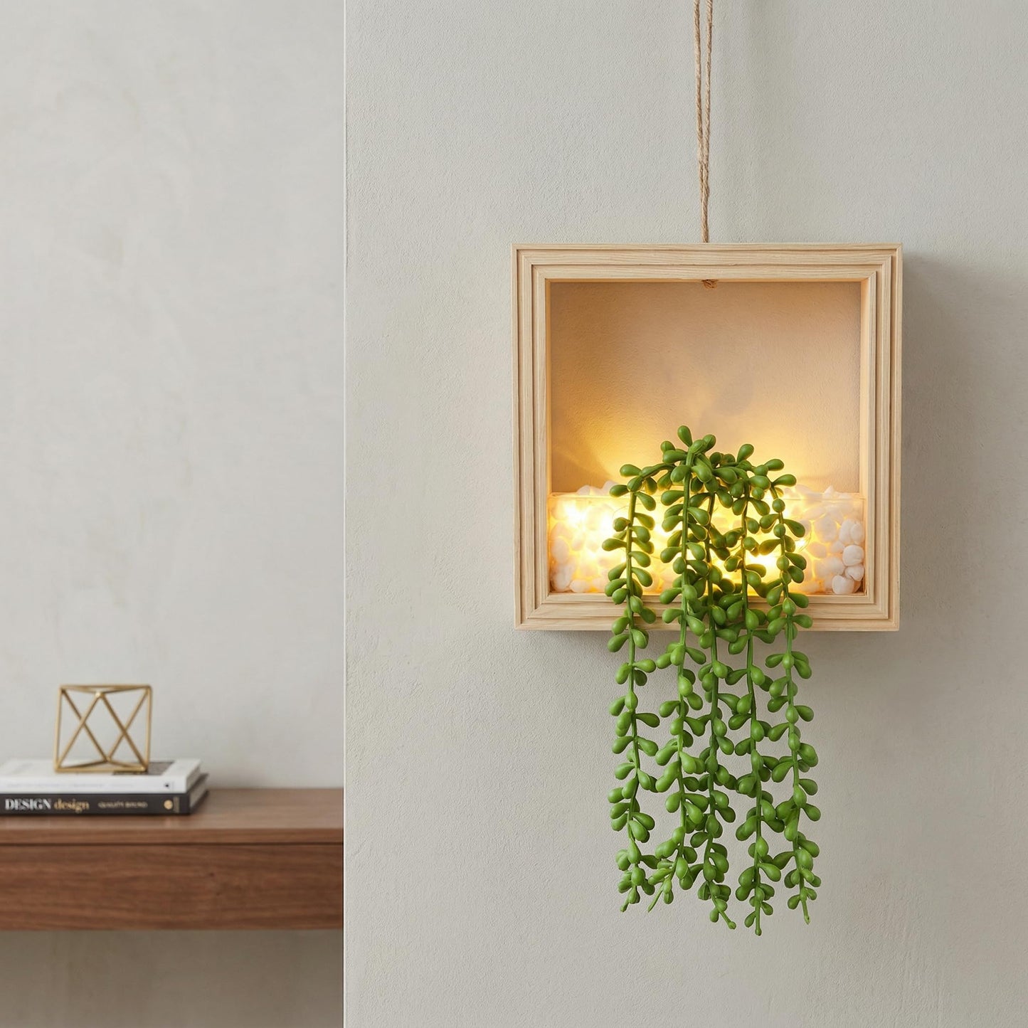 FancyPlus 2 Pack Fake Plants Hanging, Artificial Succulents Plants in Square Wooden Frame with LED Lights, Boho Wall Decor for Office Living Room Bathroom Bedroom Kitchen Indoor Outdoor, Natural Wood