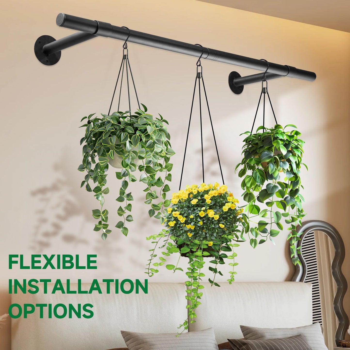 Uoveya Hanging Planters Rod – Plant Hanger Indoor for Window Ceiling, Hanging Plant Shelf for Wall Planter House Plants, Plant Shelves Metal Holder Bar 31.5In Black (Pots, plants, chains not included)