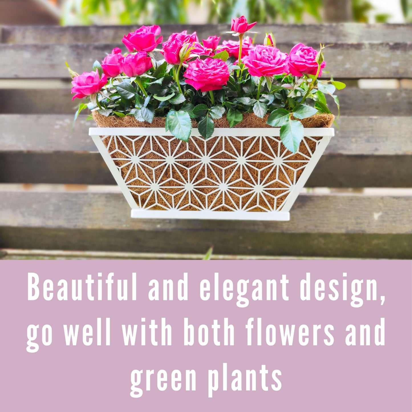 LaLaGreen Window Boxes Planter (2 Pack, 12 Inch) White Metal Rectangular Wall Planters with Coco Liner, Horse Trough Deck Railing for Outdoor Plants Holder, Modern Rail, Balcony, Fence, Porch Patio