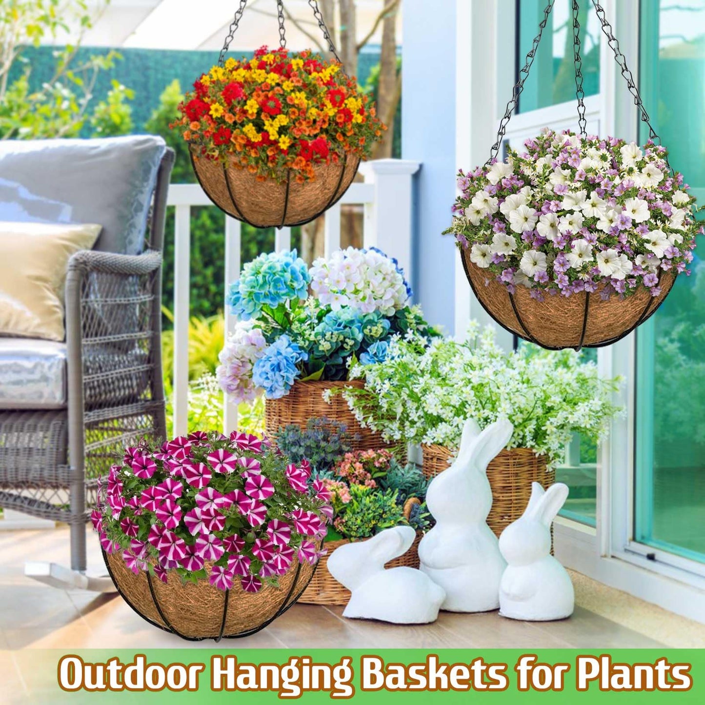 ZeeDix 2 Pack 14 Inch Hanging Baskets for Plants Outdoor, Metal Wire Round Planters with Coco Liner, Hanging Flower Baskets for Home Garden Porch Balcony Railings Decor