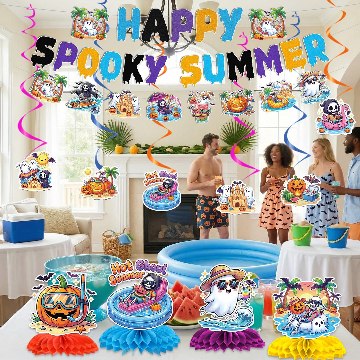 Papiailove Summer Halloween Party Decorations - 13Pcs Ghost and Pumpkin Theme Banners with Hanging Swirls, Honeycomb Centerpieces for Birthday Baby Shower Pool Party, Spooky Summer Party Decor