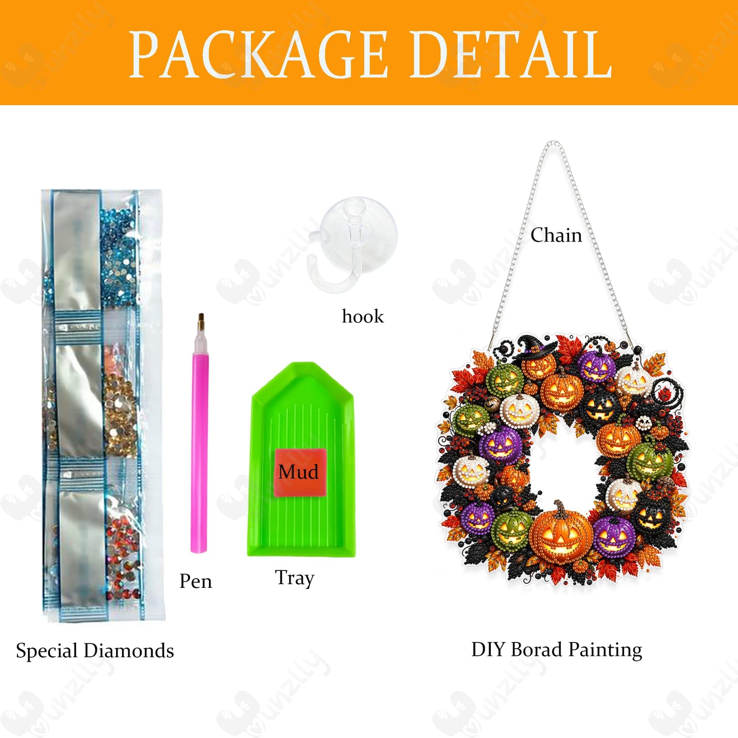 Yunzlly DIY Hanging Halloween Diamond Art Pendant Kit, Special Crystal Pumpkin Diamonds Painting Ornament Kit for Adults Acrylic Board Gem Painting Kit (Pumpkin Wreath)