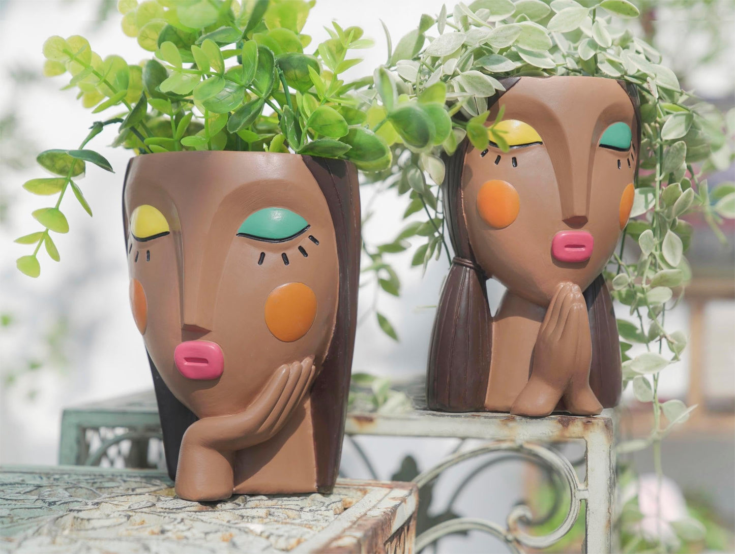 Saysmile Face Planter Pots for Indoor Plants, Resin Head Planter Succulent Planter Flower Planter Cute Girl Head Pots with Drainage Hole - Painted Thinking Girl Closed Eyes