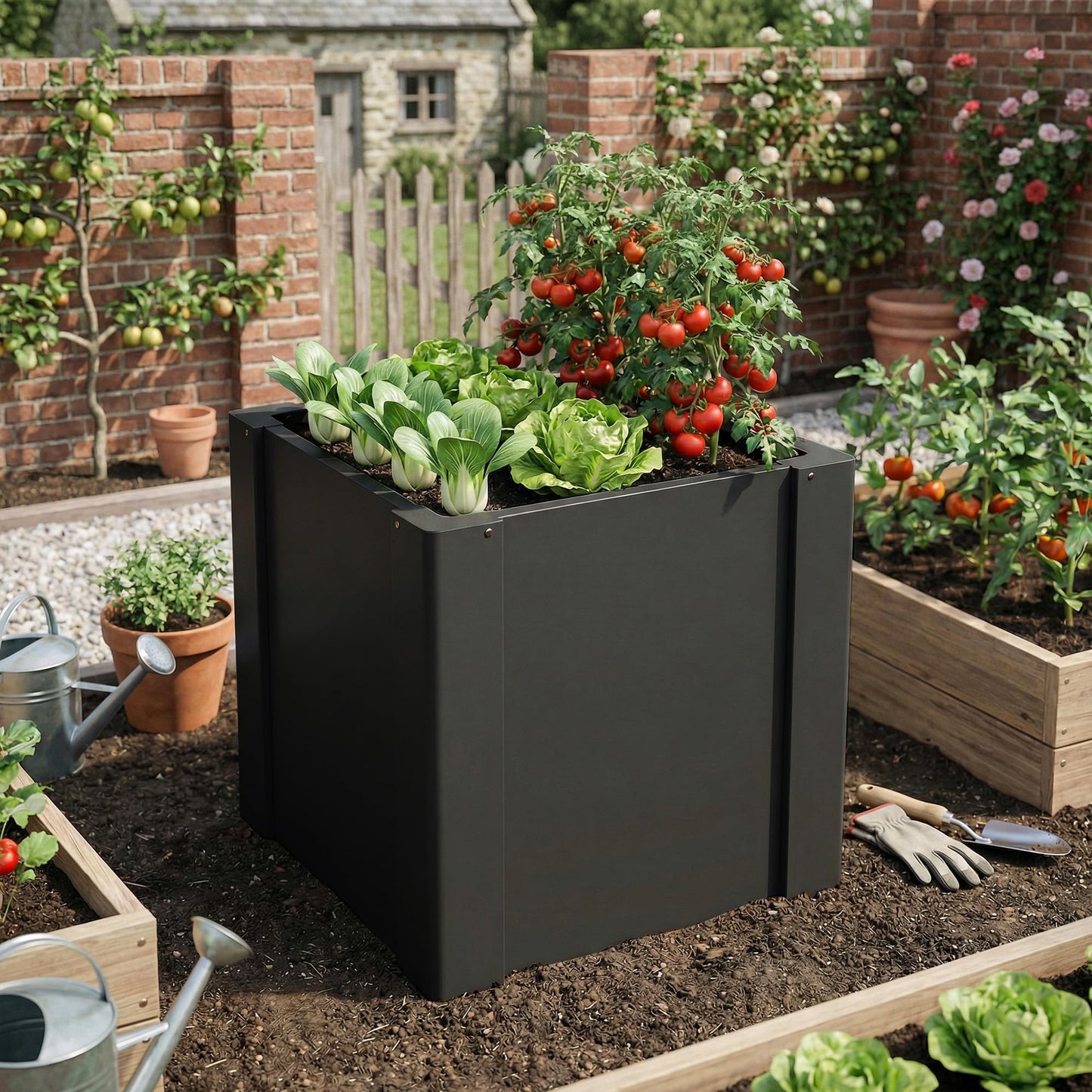 Outsunny Galvanized Tall Outdoor Planter, Metal Square Large Planter Box for Outdoor Plants with Gloves and Open Bottom for Vegetables, Flowers, Herbs, 1.4 x 1.4 x 1.5 ft, Black