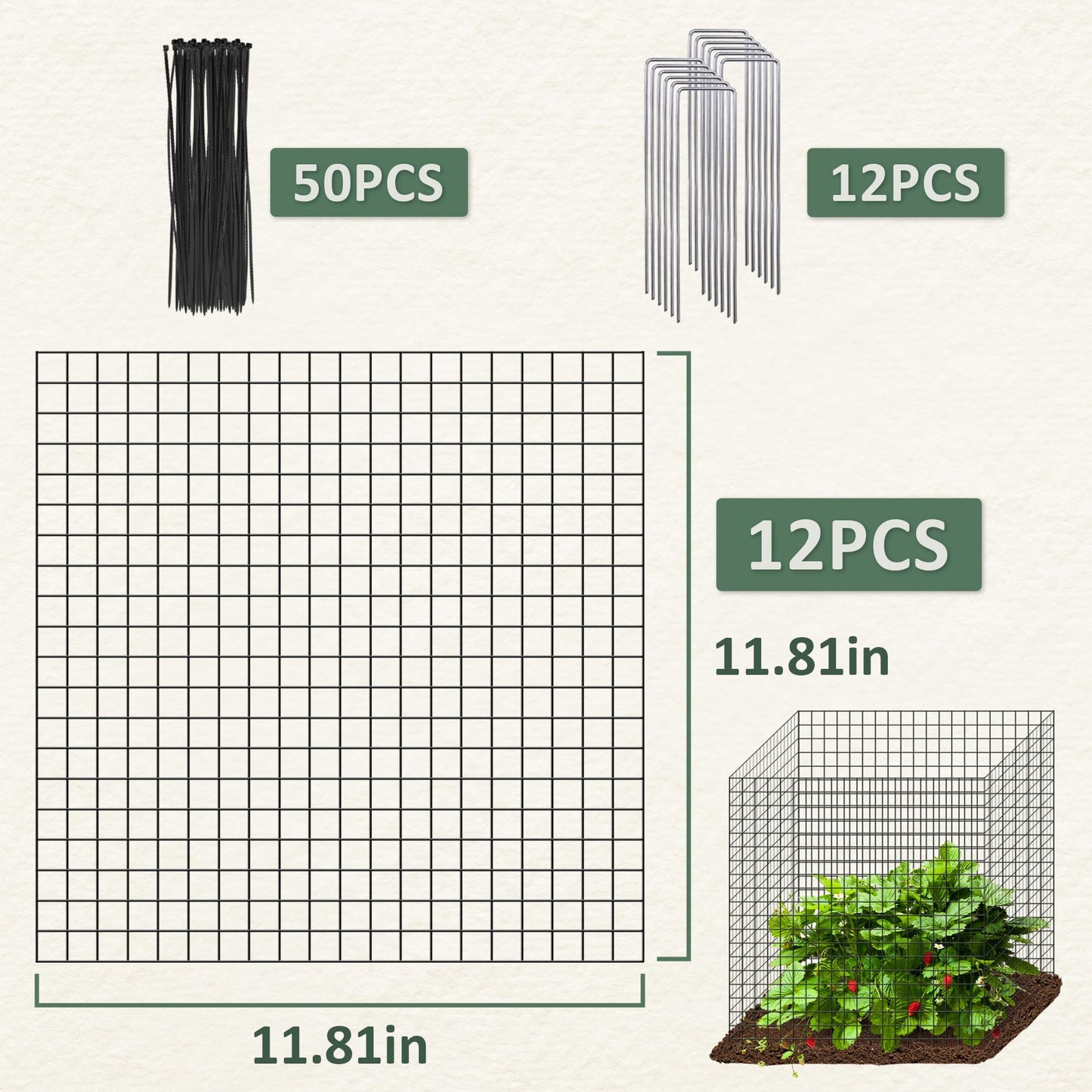 Warmfarm 12 Pics DIY Metal Plant Protectors from Deer, Garden Fencing Animal Barrier Size 11.8 * 11.8 inches, Mesh Plant Cage Chicken Wire Cloche for Plants with Stakes and Nylon Cables (12 Pcs)