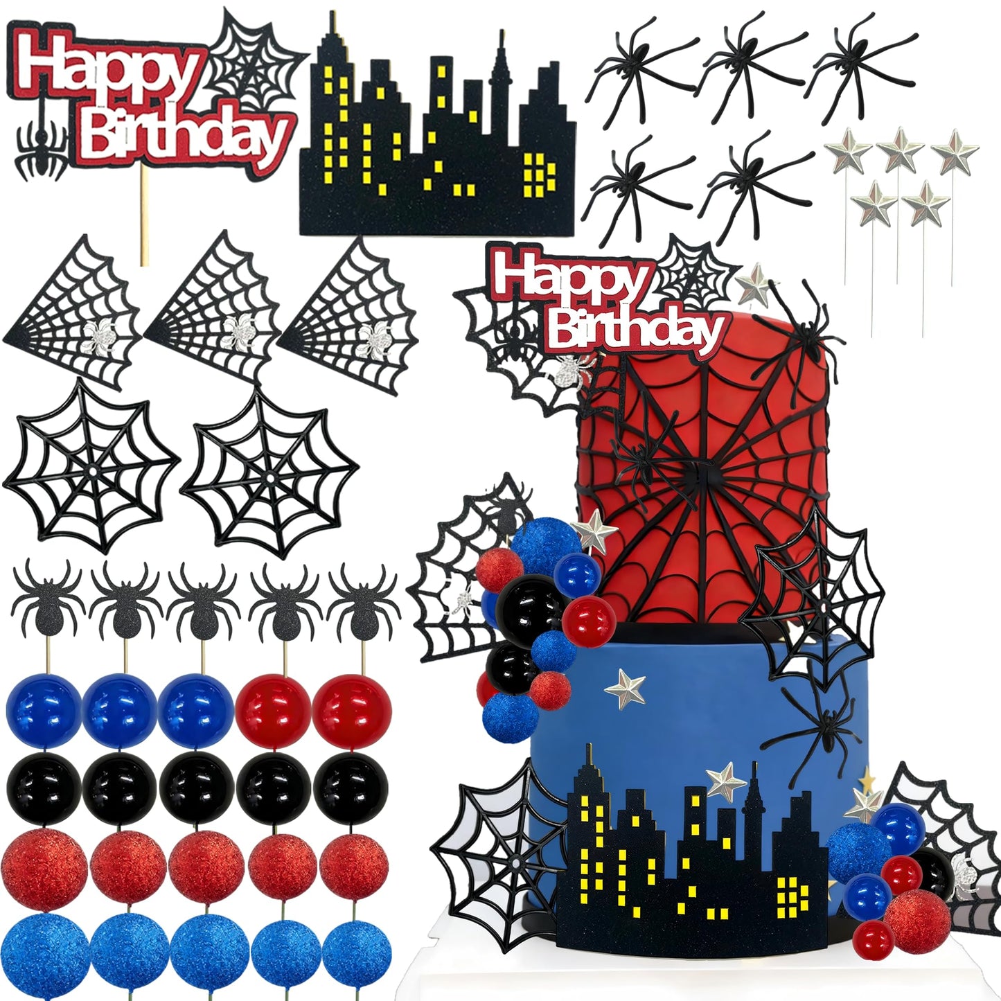 Tyotrbs Spider Cake Topper Spider Web Cake Decoration Spiders Theme Cake Decor Happy Birthday Toppers Stars Red Blue Balls Cupcake Topper for Hero Party Supplies