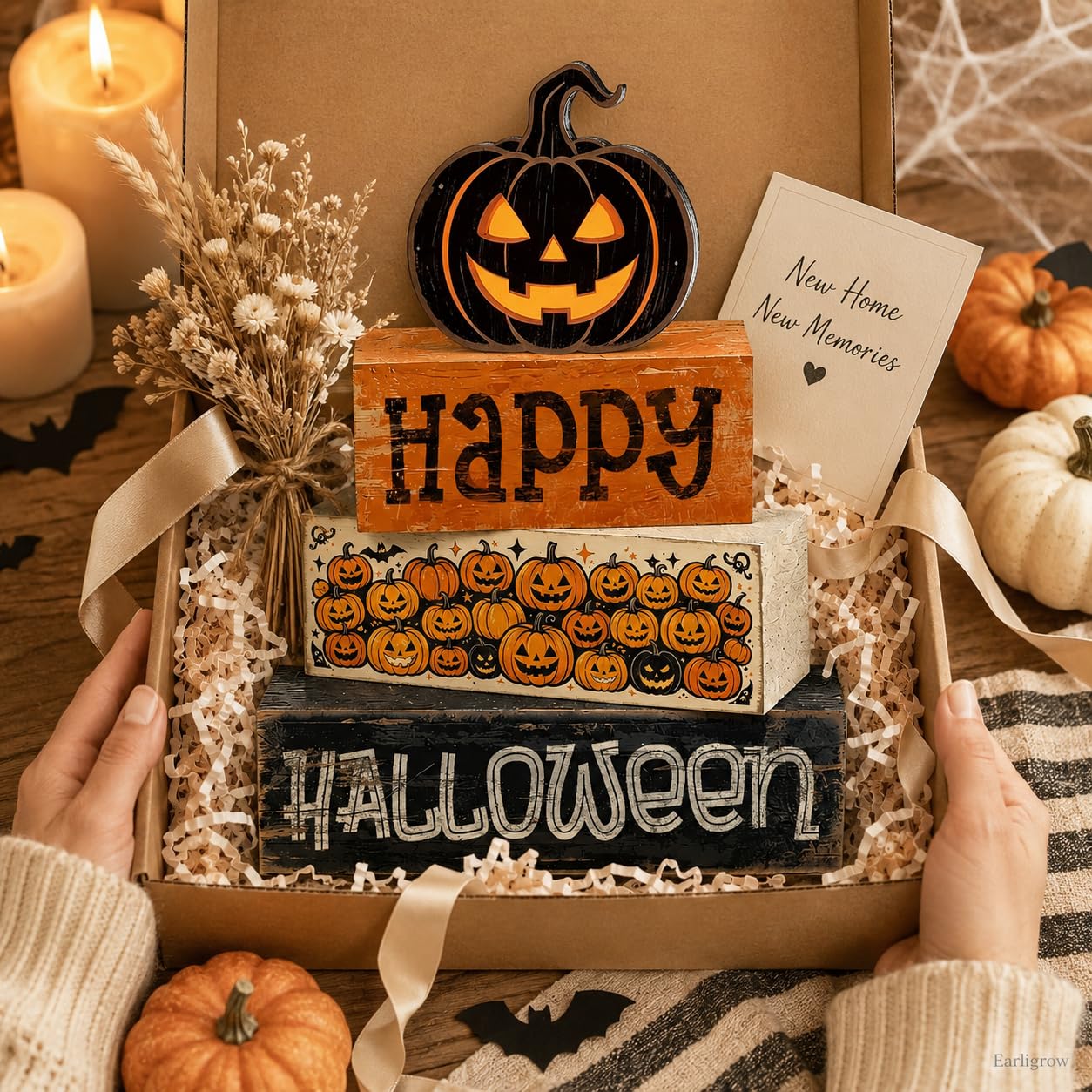 4 Pcs Halloween Tiered Tray Decor, Farmhouse Rustic Wooden Block Signs with Scary Jack-O-Lantern, Happy Halloween Pumpkin Tabletop Centerpiece for Home Kitchen Mantel Shelf