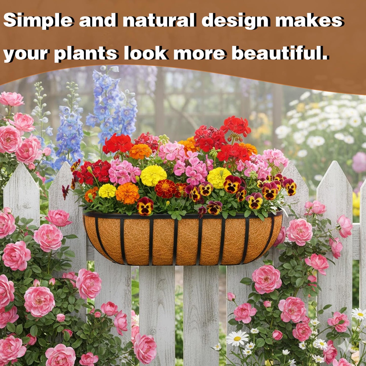 JFFLYIT 4 Pcs 24“ Railing Planter Window Box Deck Railing Planter Boxes with Coco Liner English Horse Trough Planter Metal Wall-Mounted Planters Basket for Outdoor Balcony Porch Fence Patio Rail