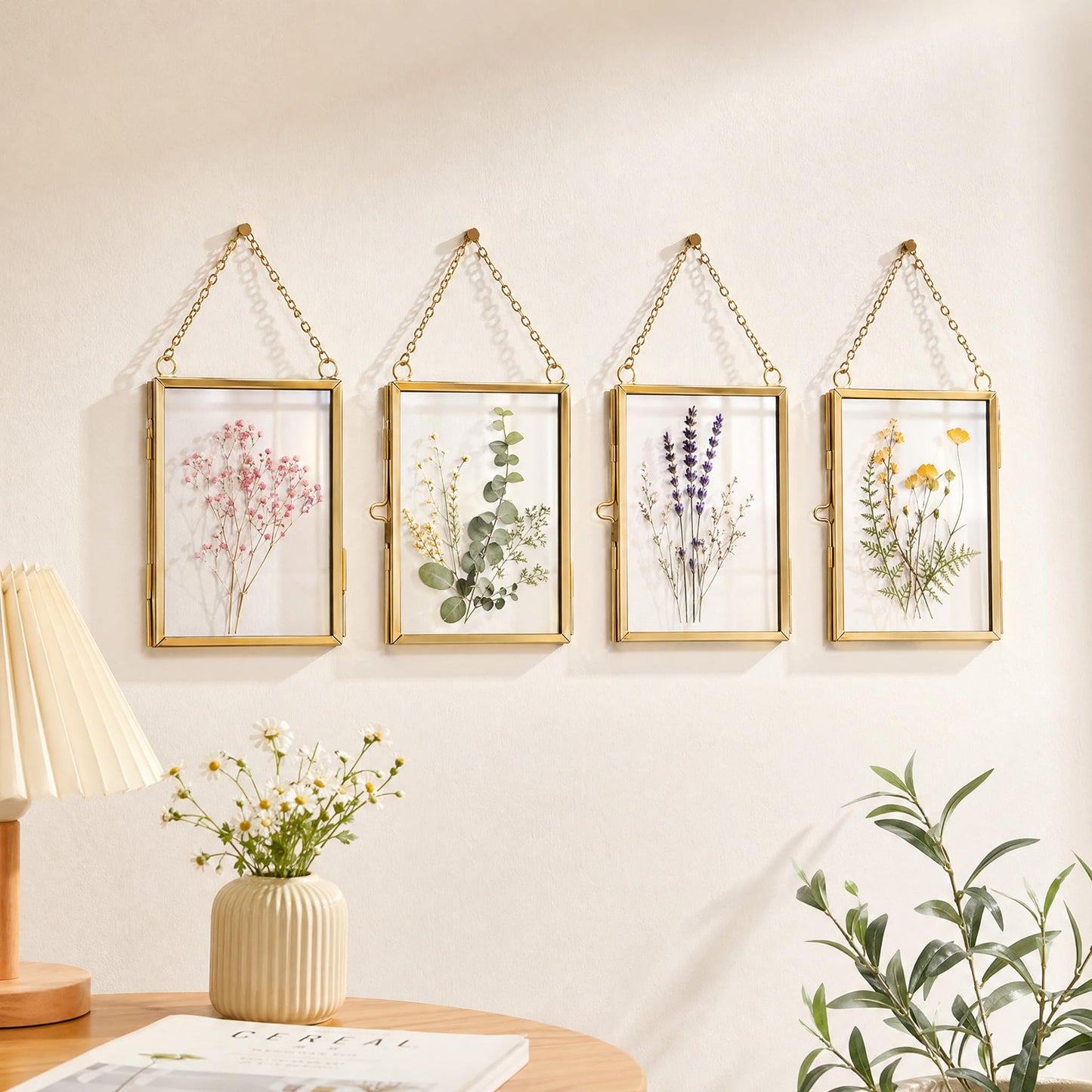 WHYTOOPY Pressed Flower Frames with Tweezers,Wall Hanging Double Glass Frames 2x3 with Metal Chain for Dried Flowers Plants,Floating Photo Frame for Display Gallery Artwork,Golden, 4 Pack