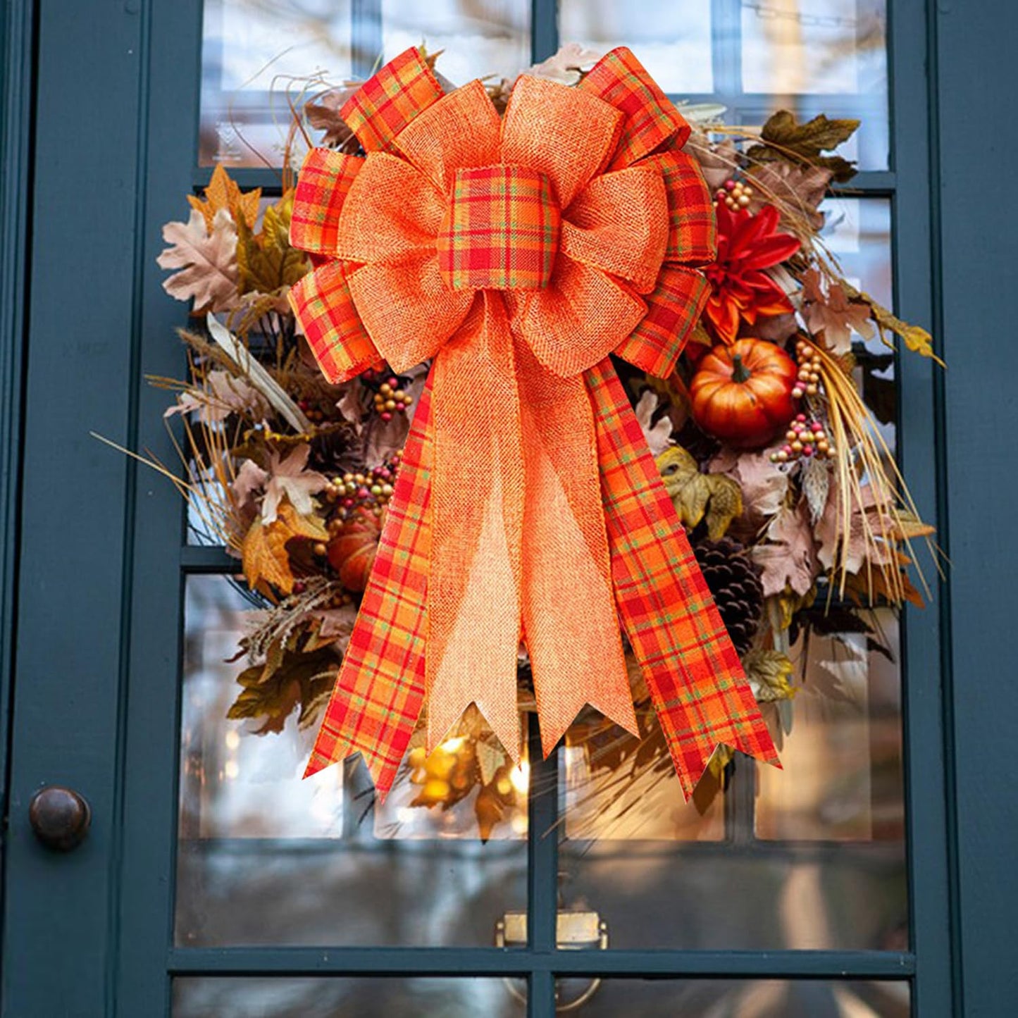 4Pcs Large Fall Thanksgiving Wreath Gift Bow -18.8x10.6inch Orange Buffalo Plaid Check Wreath Swag Bow Wreaths Pre-Tied Bows for Fall, Thanksgiving, Christmas, Home Indoor Outdoor Ornaments