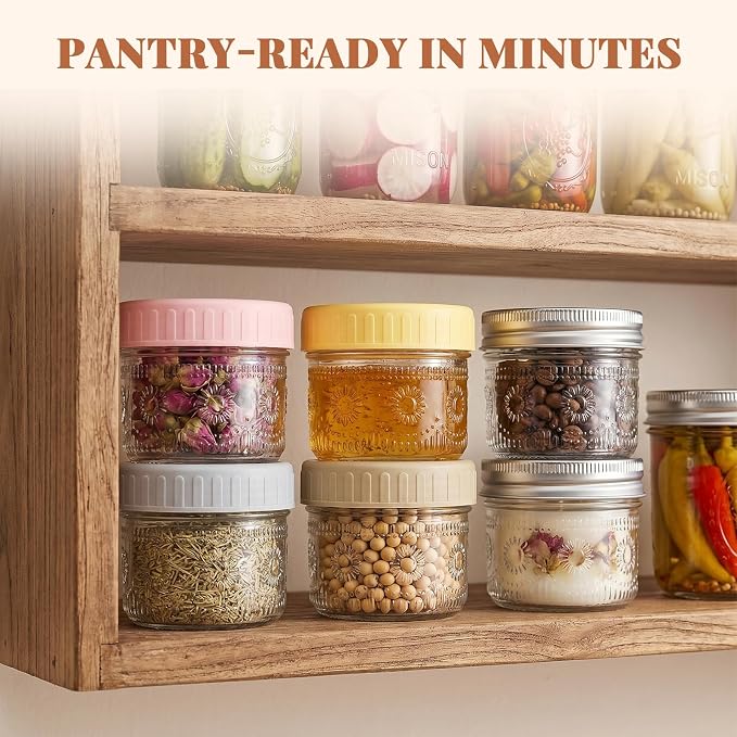 CycleMore 4 oz Glass Mason Jars – 24-Pack Small Canning Jars with Regular Mouth & Two Sets of Lids (24 Metal + 24 Plastic) – for Jam, Jelly, Spices, Overnight Oats, Wedding Favors