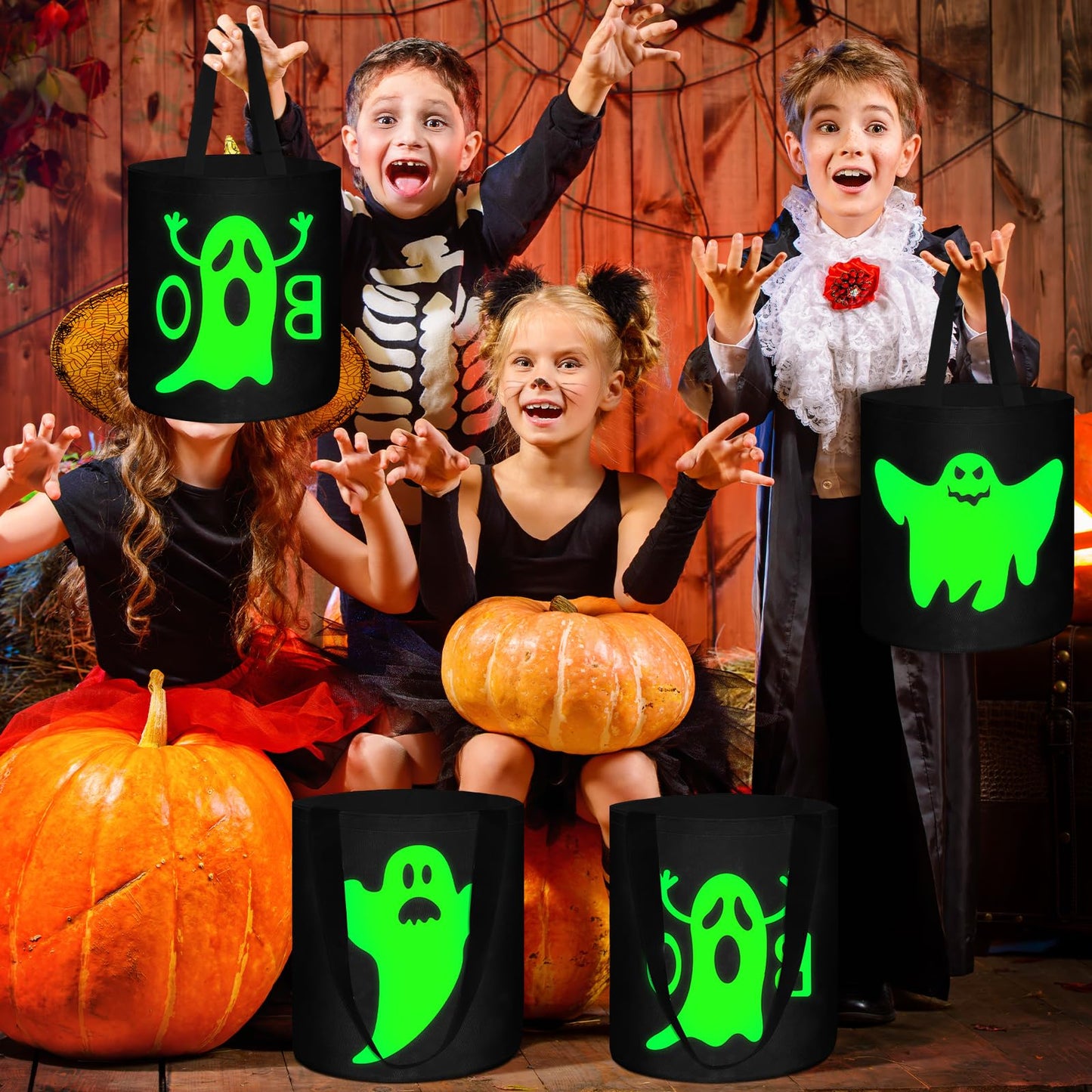 Hosuly 3 Pcs Halloween Buckets Glow in The Dark Candy Trick or Treat Bags Multipurpose Reusable Goody Light up Buckets for Kids Halloween Supplies Favors(Novel Style)
