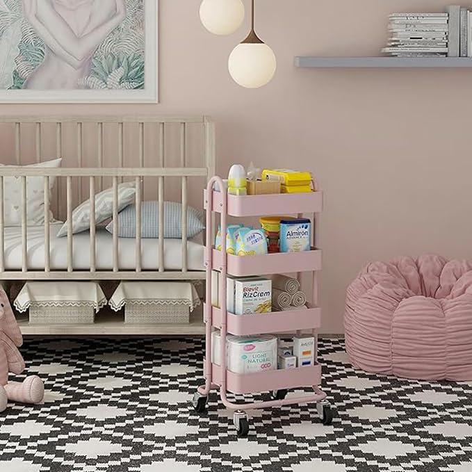 4 Tier Metal Rolling Cart Pink Utility Cart with Wheels,Rolling Pink Cart for Office,Home,Kitchen,Garden๏ผ13.4"x18.1"x40"๏ผ