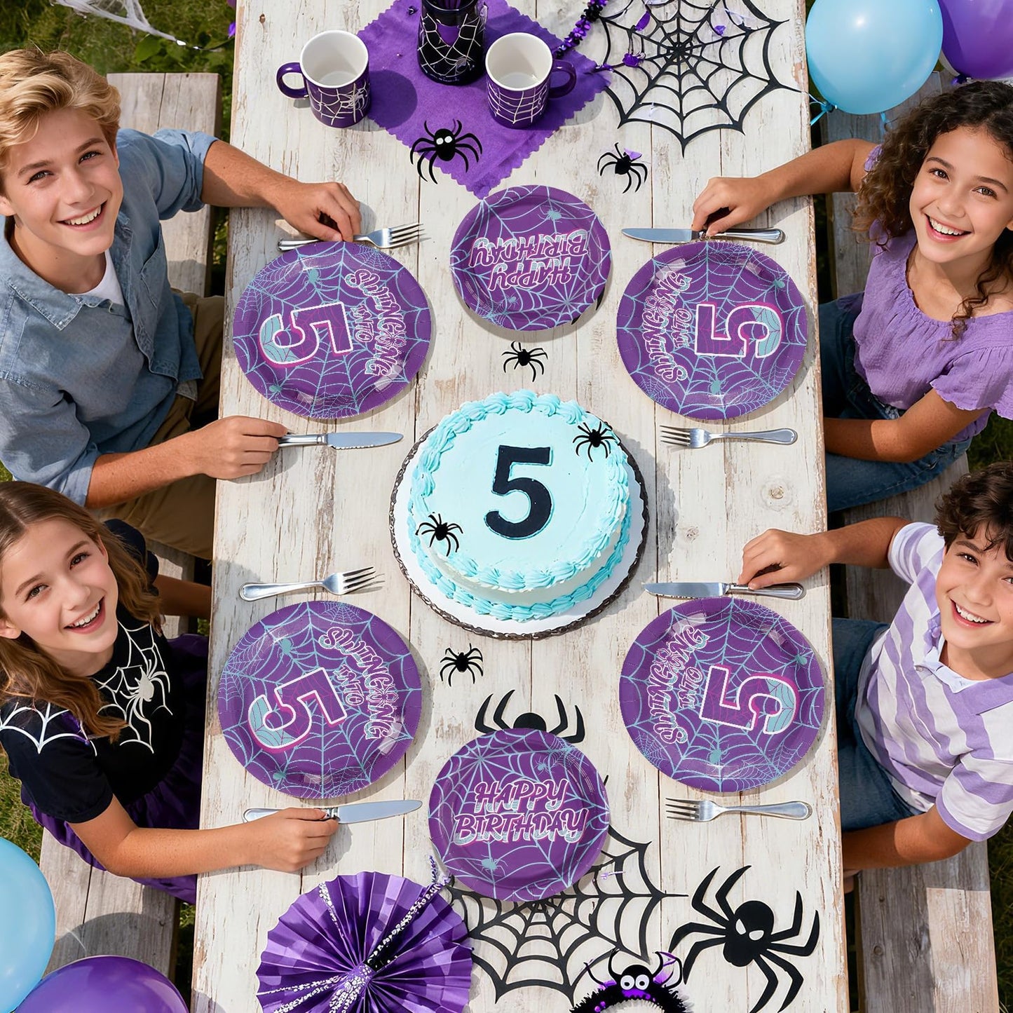 Greencian 96Pcs Spider 5th Birthday Party Supplies Purple Spiderweb Party Plates and Napkins Disposable Ghost Cartoon Tableware Set for Kids Birthday Halloween Hero Theme Decorations, Serves 24