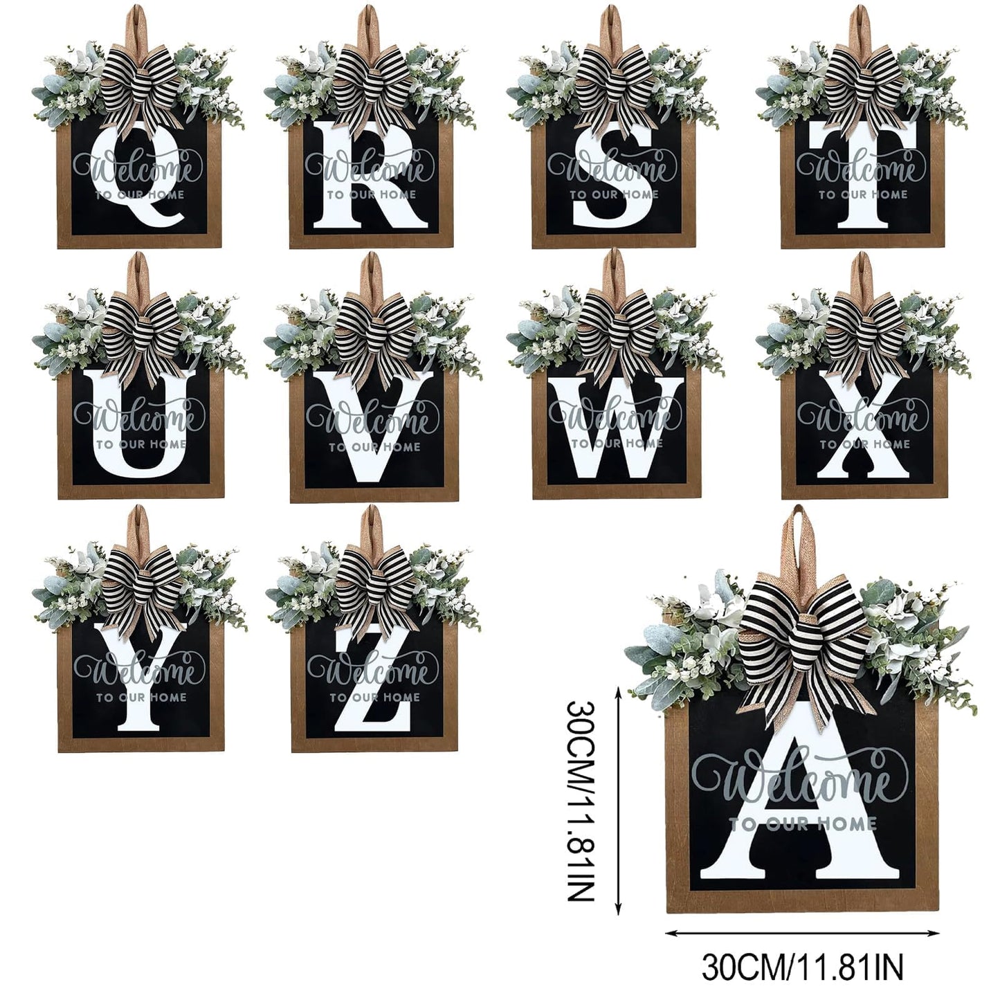 Last Name All Year Round Front Door Wreath with 26 Initial Letter Welcome Sign All Seasons Eucalyptus Garland and Bow ,Farmhouse, Porch, for Spring Summer Fall All Seasons Holiday Halloween Christmas. (M)