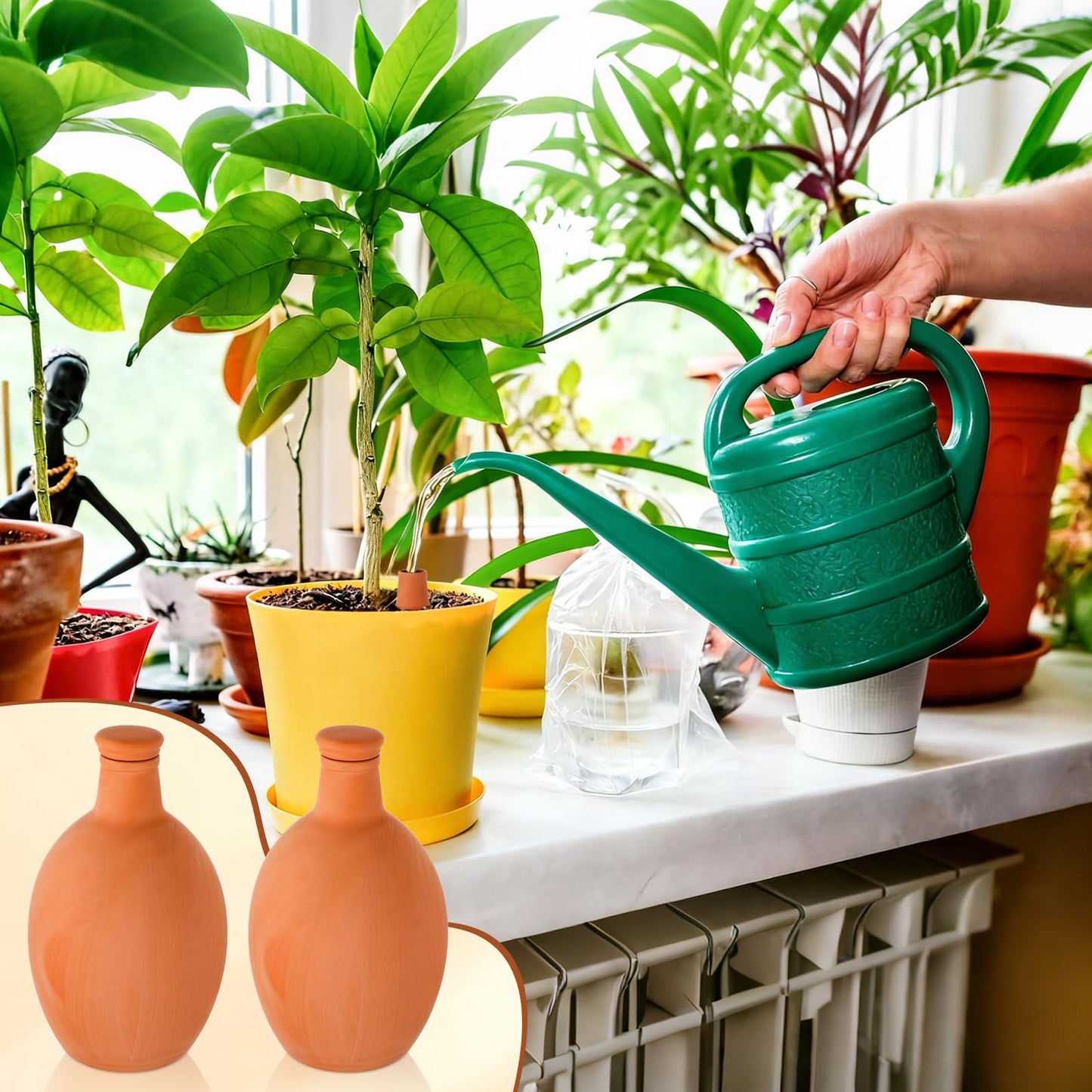 Ferrochef 4 Pcs Large Terracotta Watering Pots 50 oz Ollas Self-Watering Pots with Lids Terracotta Watering Globes Bulk Plant Irrigation System for Indoor Outdoor Plants Garden Beds