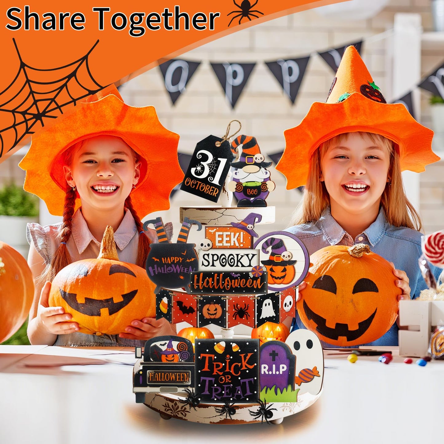 15 Pcs Halloween Tiered Tray Decor Set, Cute Pumpkin Ghost, Halloween Wooden Layered Tray Decorations, in a Rustic Style, Great Items for Party Tables
