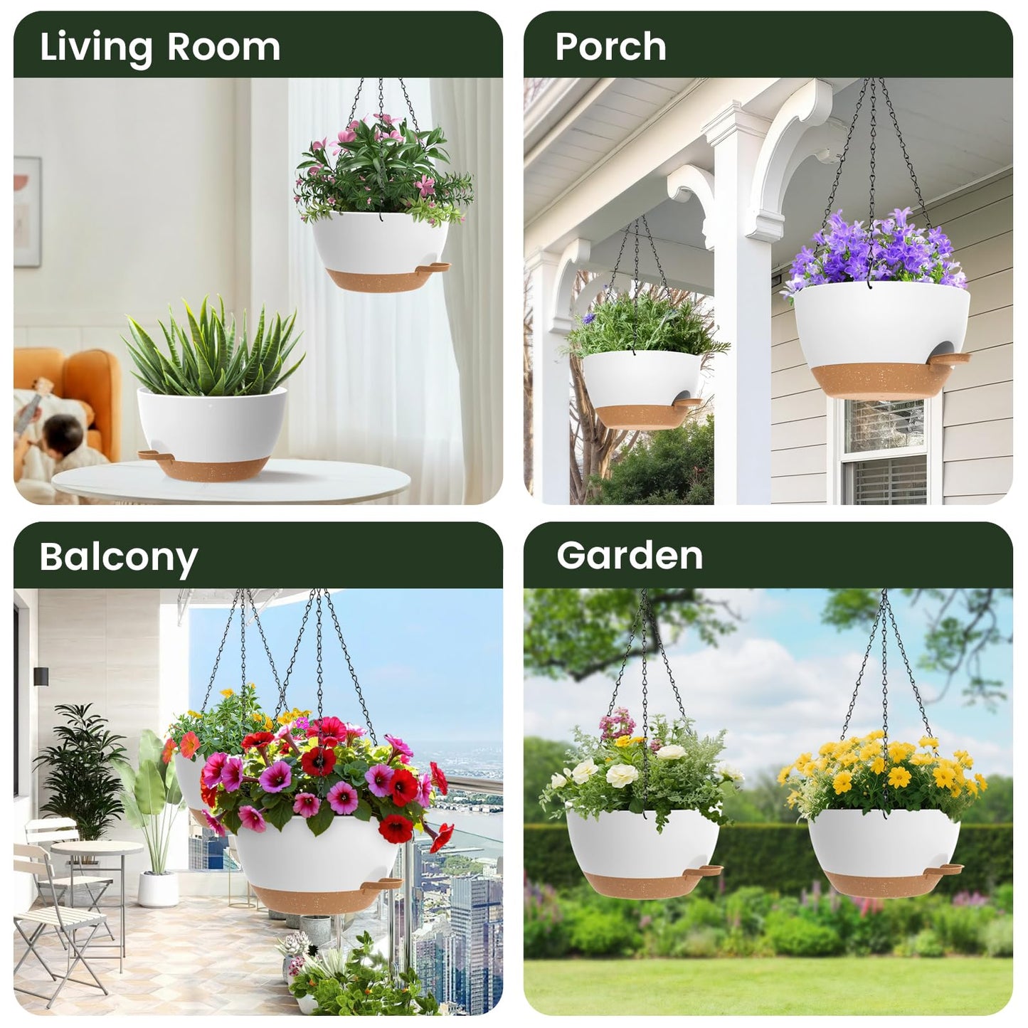 2 Pack 12 Hanging Flower Pots with Chains Self Watering Plastic Planters for Indoor Outdoor Plants, Sturdy Triangular Iron Chain Design for Garden PorchPlastic hanging flower pots (2, White-brown)