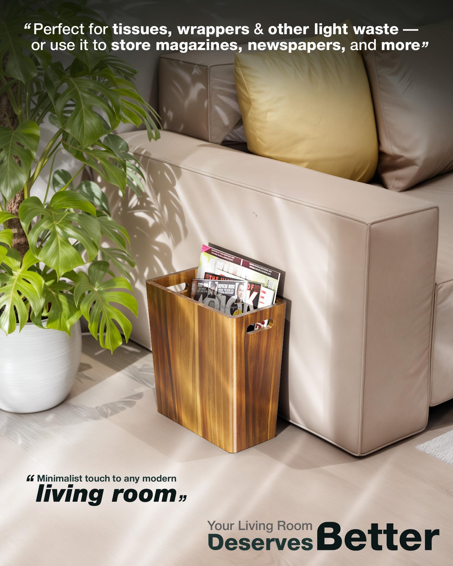 BLUEWEST 2.6 Gallons Wooden Wastebaskets – Solid Acacia Wood Trash Can with Handles, Rectangular Bin for Bathroom, Bedroom, Kitchen, Office – Brown Decorative Basket for Living Room or Under Counter