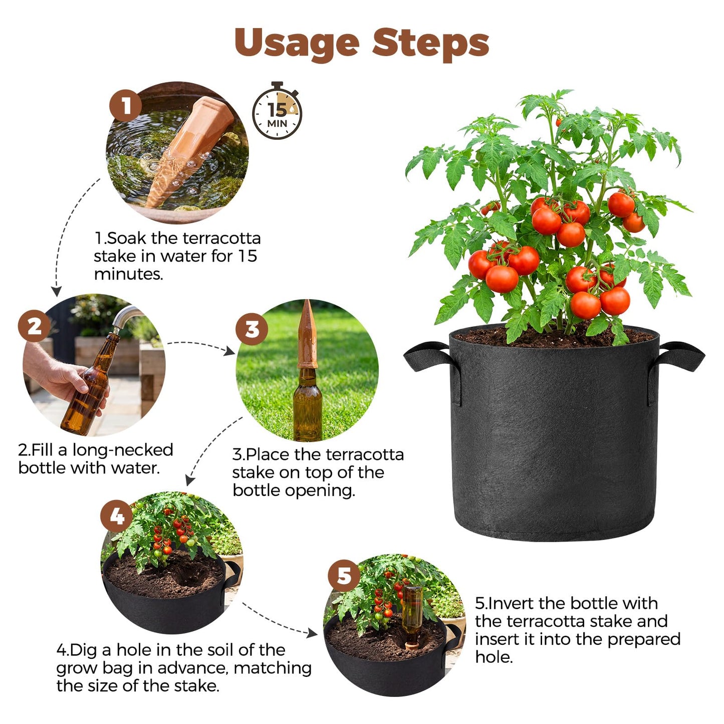 5-Pack 10 Gallon Self Watering Grow Bags with 5pcs Terracotta Watering Spikes, Fabric Growing Plant Bags Garden Planting Pots for Gardening Outdoor, Planter Bags for Potato Tomato Cucumbers Vegetables