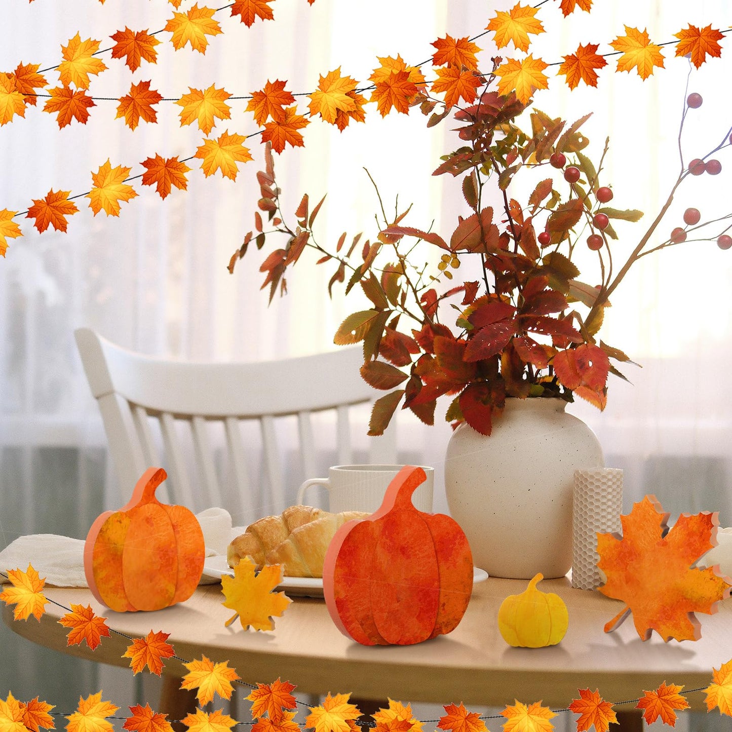 Bencailor 12 Pcs Fall Tiered Tray Decor Wooden Pumpkins Maple Leaf Decor Fall Table Decoration Thanksgiving Centerpiece for Home Desk Office Party Decoration