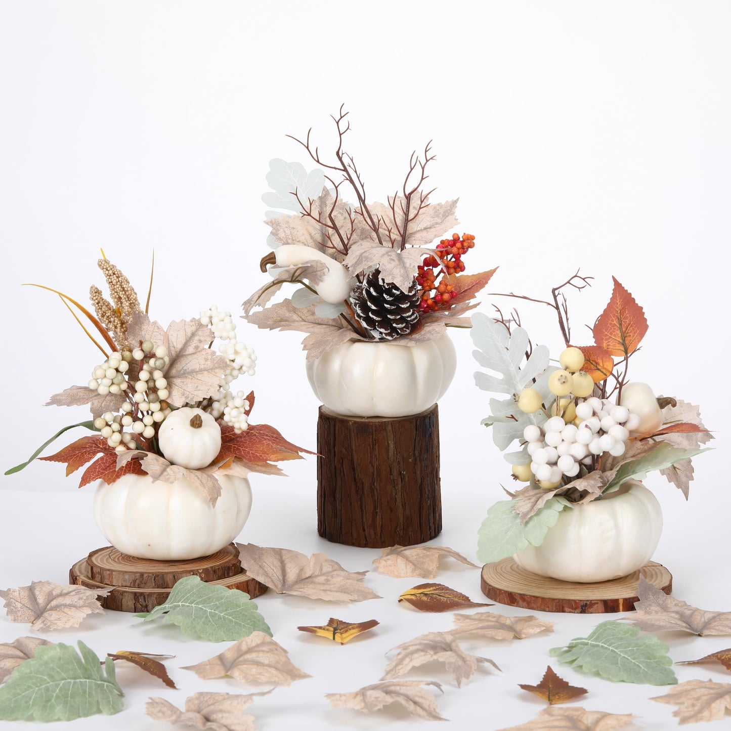 Wavwavw 3 Pcs 9 Inch Fall Artificial Pumpkins Fake Pumpkin Centerpiece Decor Cozy Maple Leaves Styles Farmhouse Neutral Fall Decor Autumn Rustic Thanksgiving Decoration for Home(White)
