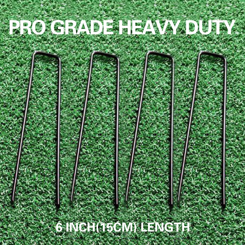 Bakulyor 50pcs Black Landscape Staples + 50pcs Buffer Washer, 6 Inch 11 Gauge Garden Stakes Staples, U Shaped Galvanized Lawn Pins Heavy Duty Yard Ground Pin for Weed Barrier Sod Fabric Decorations