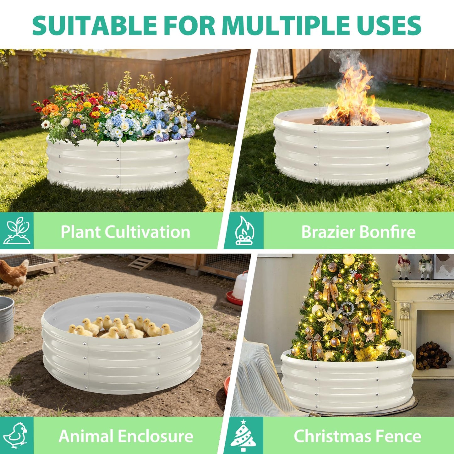 YSEJOMP 3FT Diameter Galvanized Garden Raised Bed/Plant Box/Fire Pit Ring - 0.8mm Thick,12 Inch Tall,Perfect for Planting a Variety of Flowers,Herbs,Vegetables (Cream White, 36 Dia X 12 inches)