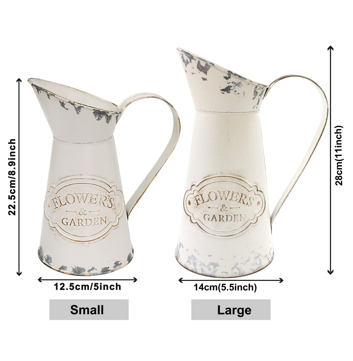 Soyizom Farmhouse White Metal Jugs for Shabby Chic Kitchen Decor, Tall Pitchers for Flowers, Rustic Bathroom Vases - Large, 11 H