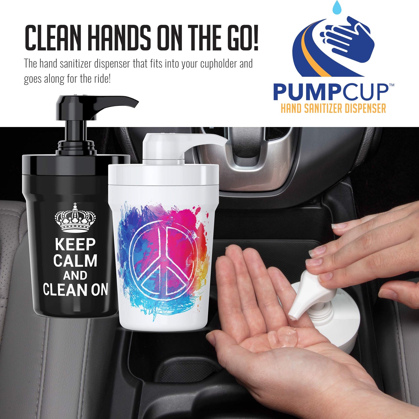 PumpCup Portable Hand Sanitizer Dispenser for Car Cup Holders (Smiley Face)