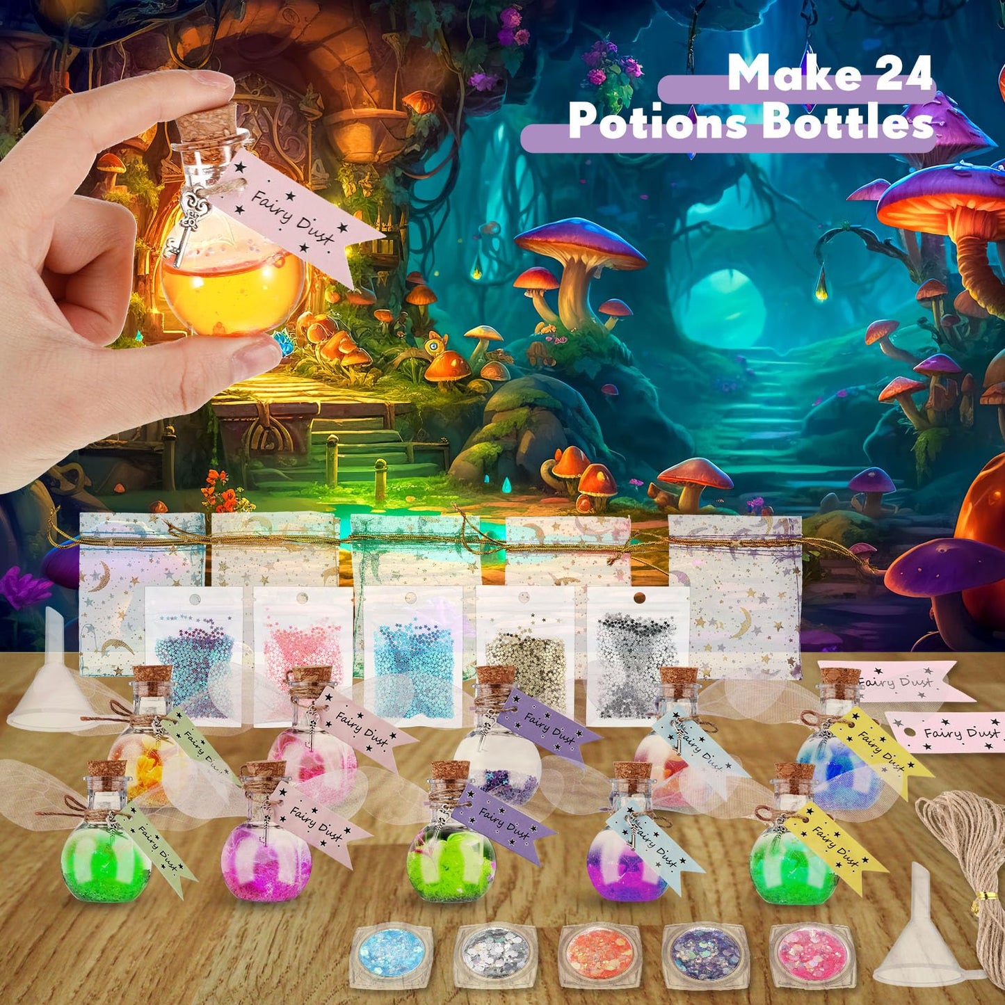 Jinei 262 Pieces Mystery Potion Craft Kit with 36 Magic Witch Potion Bottles Fairy Wing DIY Magic Fairy Bottle Set for Halloween Decorations Birthday Creative Gift Filling Supplies