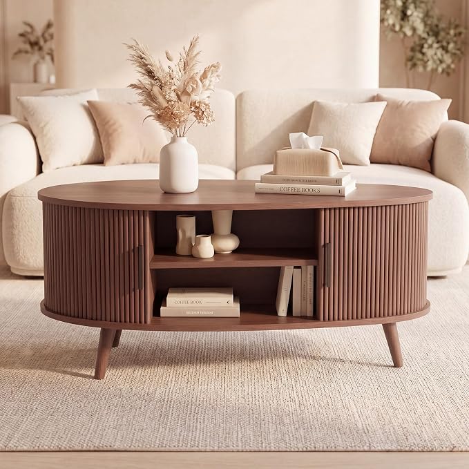 Seang Fluted Coffee Table with Storage,39" Oval Coffee Table with Dual Sliding Doors,Wooden Center Table for Living Room Home Office,Walnut