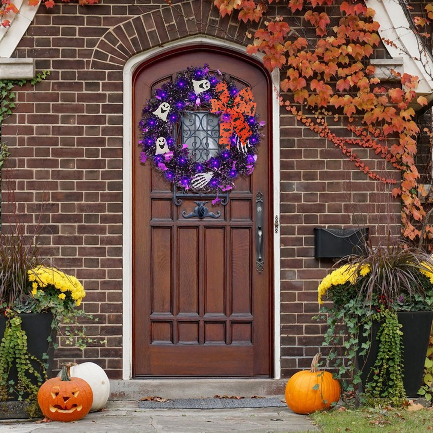 Halloween Wreath for Front Door with Lights,13 Inch Ghost Wreath Halloween Decorations for Indoor Window Party Holiday Wall Home Decor (Ghost)