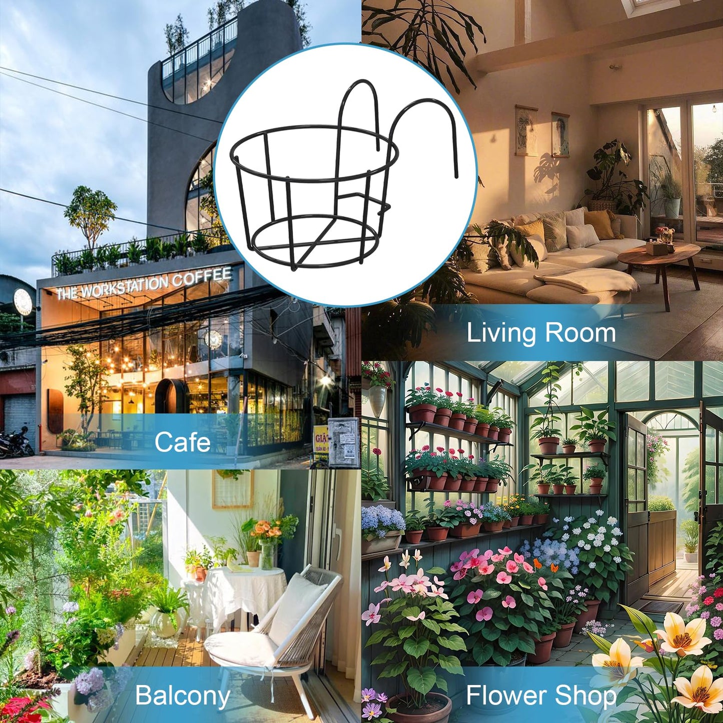 Leoenir 4 Pack Round Hanging Railing Planters - Metal Flower Pot Holder for Balcony and Fence (Black)