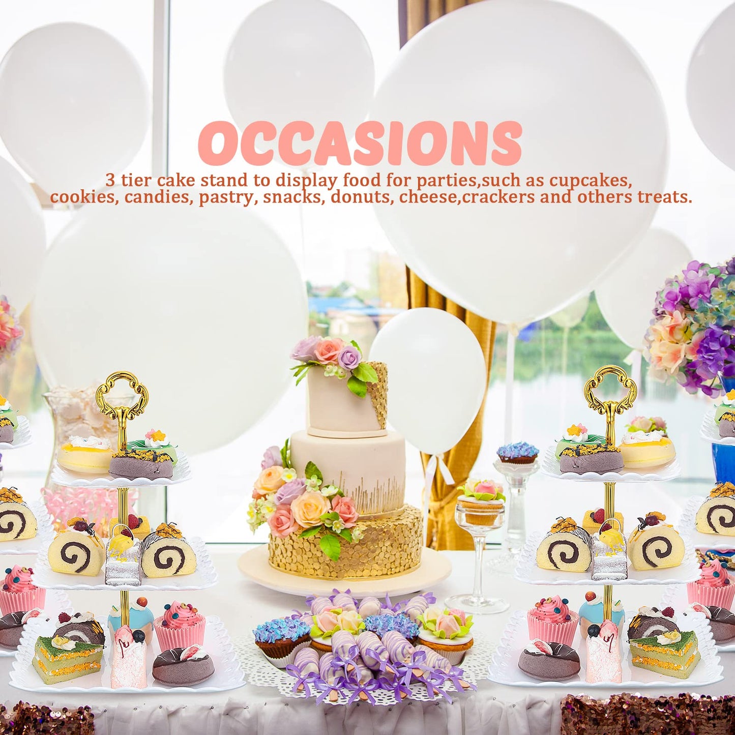 Gandeer 6 Sets of 3 Tier Tea Party Cupcake Stand, White Plastic Cupcake Dessert Plates Square Display Trays for Cake Fruit Candy Display Tower for Wedding Birthday Baby Shower Decorations
