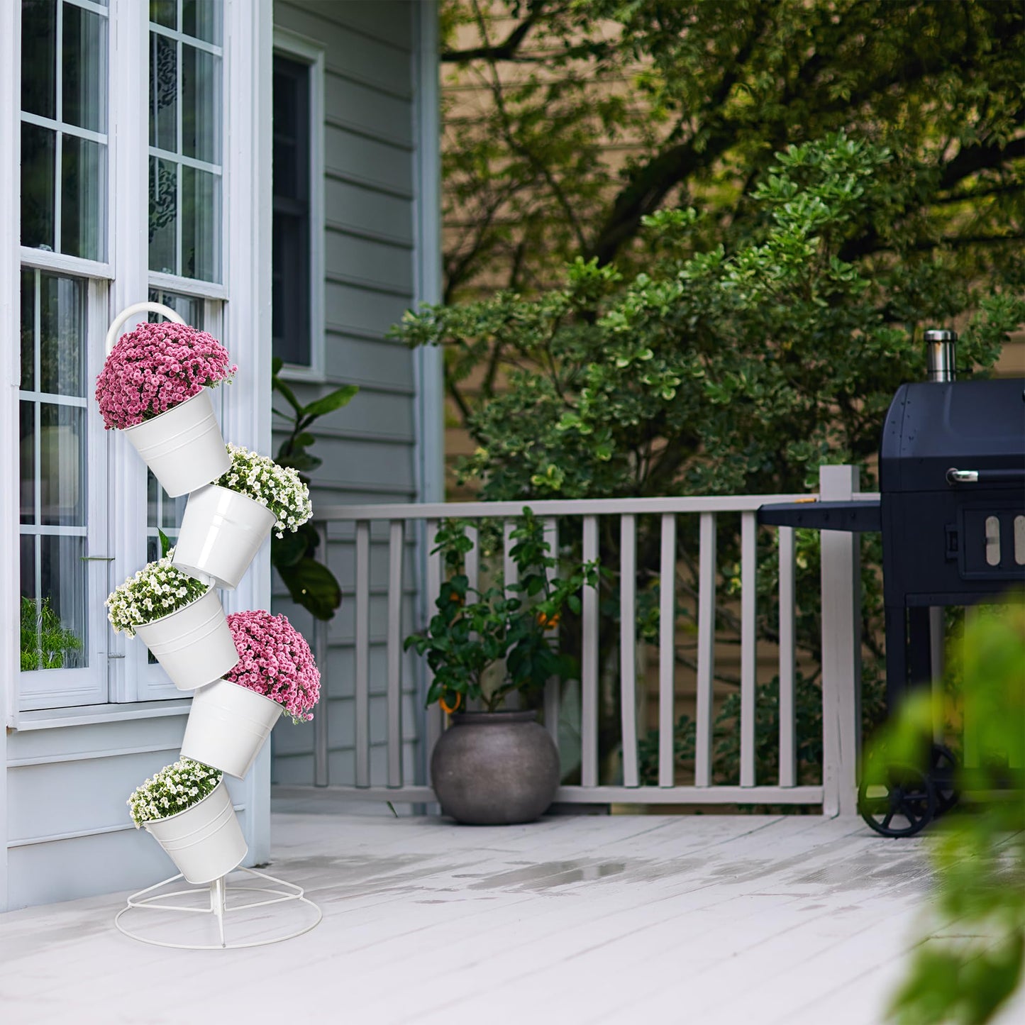 Esterno Hanging Flower Pot Tiered Stand (White), Metal Outdoor Stacking Planter