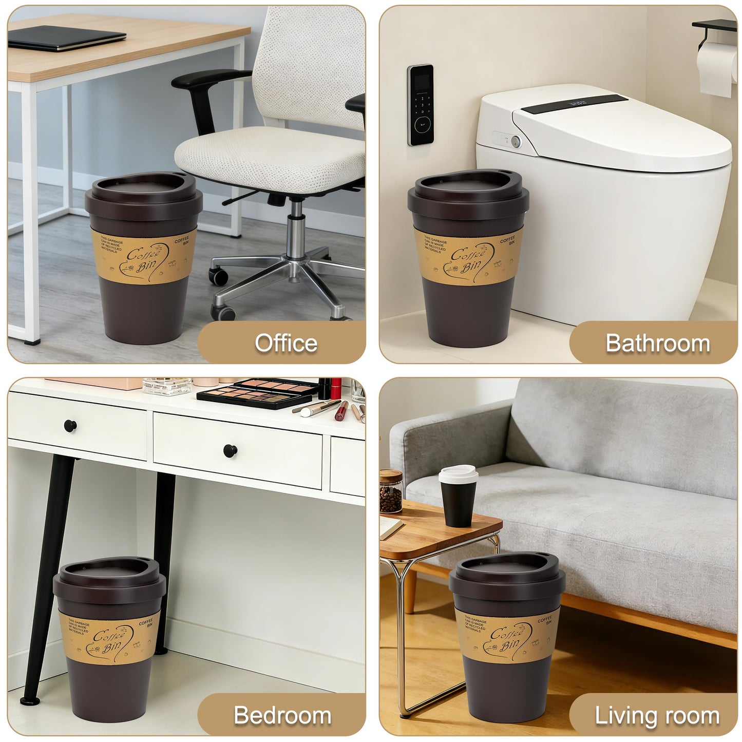 Soddeph 3.4 Gallon Large Trash Can with Swing Lid, Plastic Waste Bin with Lid, Garbage Can for Kitchen, Bathroom, Office,9.3″ × 6.5″ × 13.2″ (Brown)