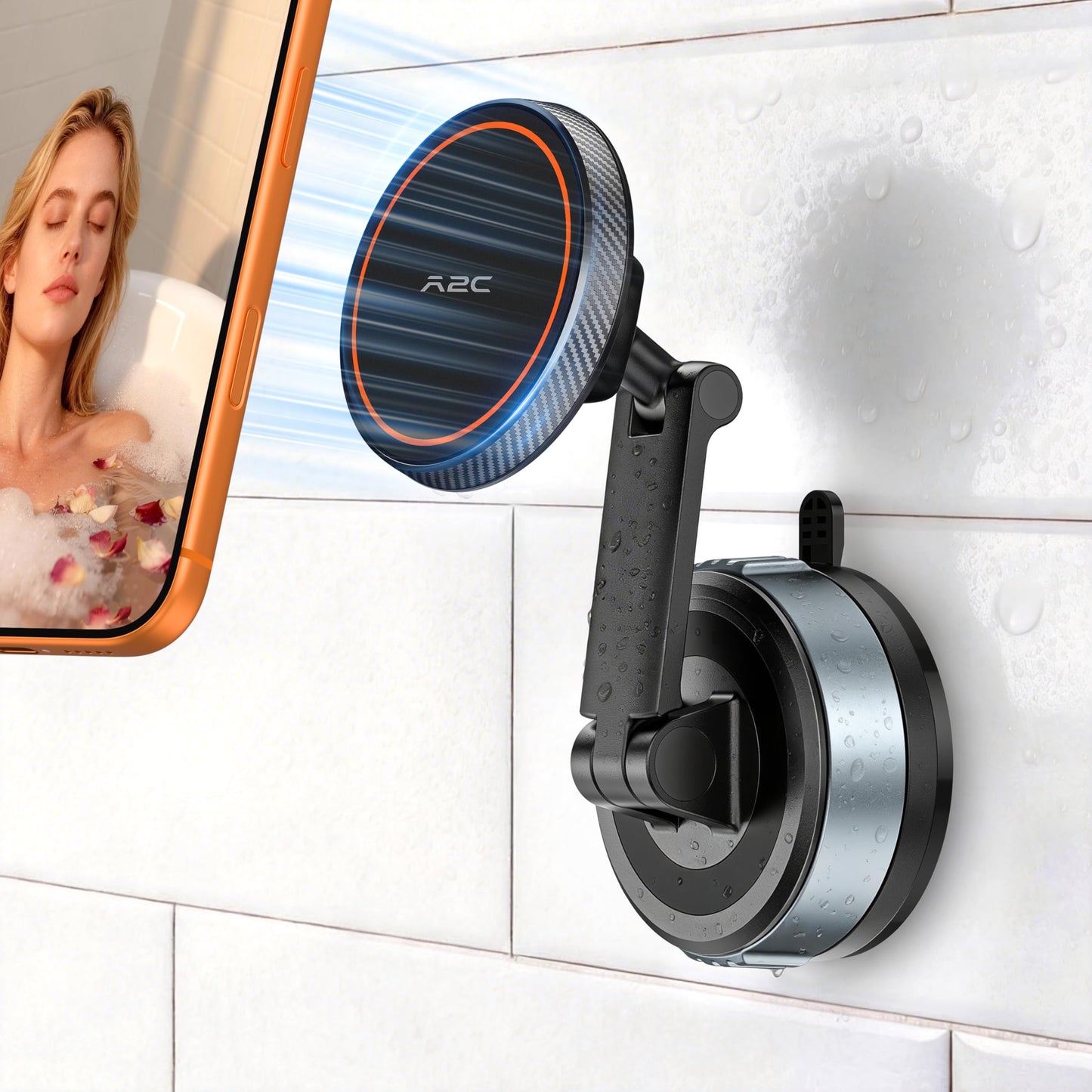 A2C Shower Phone Holder for MagSafe, Reusable Gel-Lock Suction Cup Phone Mount with 4-Inch Dual Pivot Adjustable Arm, Phone Holder for Shower, Mirror, Kitchen & Bathroom for iPhone 12-17 & All Phones