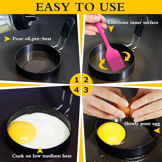 4-Pack 3.5'' Egg Rings Set with Silicone Handle, Stainless Steel Egg Cooking Rings,Nonstick,For Frying Eggs and English Muffins Pancake, Egg Mold Shaper For Breakfast